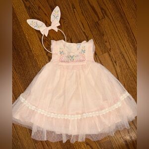 Tahari Pink Tulle Easter Dress with Floral Embroidery and Bunny Headband 24M